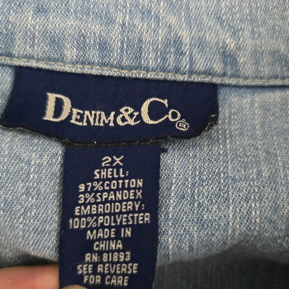 Denim & Co. Jacket Women Plus Size 2X Blue Long Sleeve Embroidered Floral Button - Picture 10 of 11